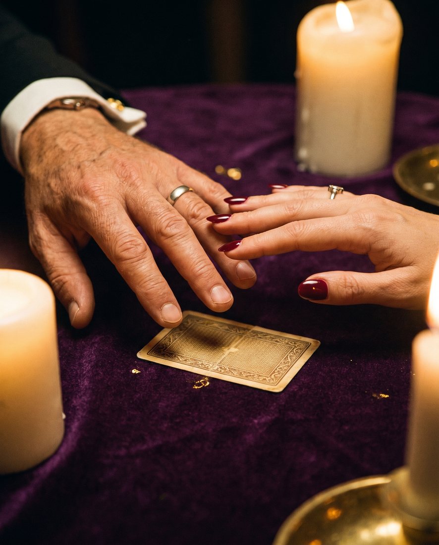 Two hands meeting over a card on a velvet table