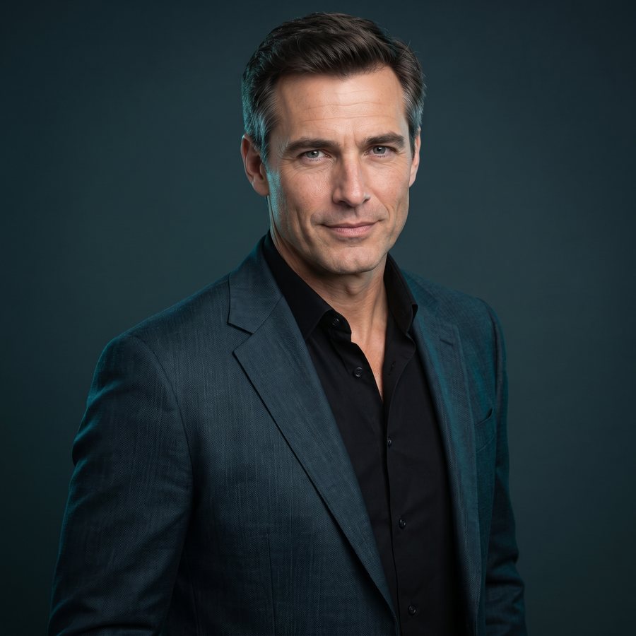 The male narrator in a dark jacket