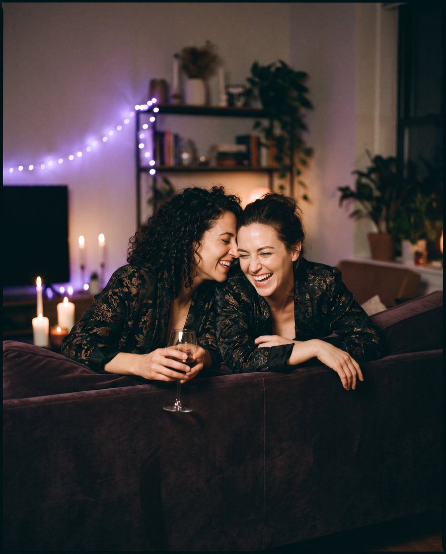 Two women sharing a laugh with glasses of wine